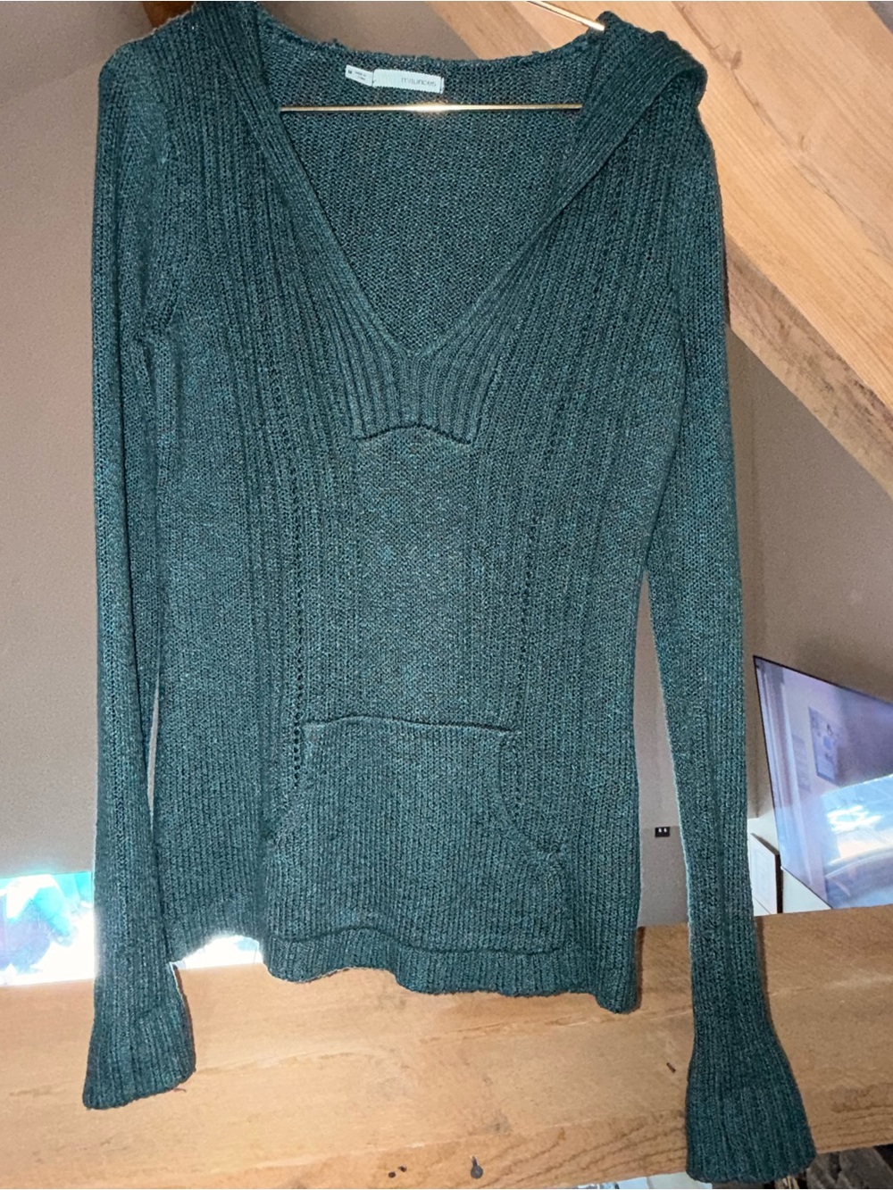 Maurices Teal V-Neck Hooded Ribbed Sweater